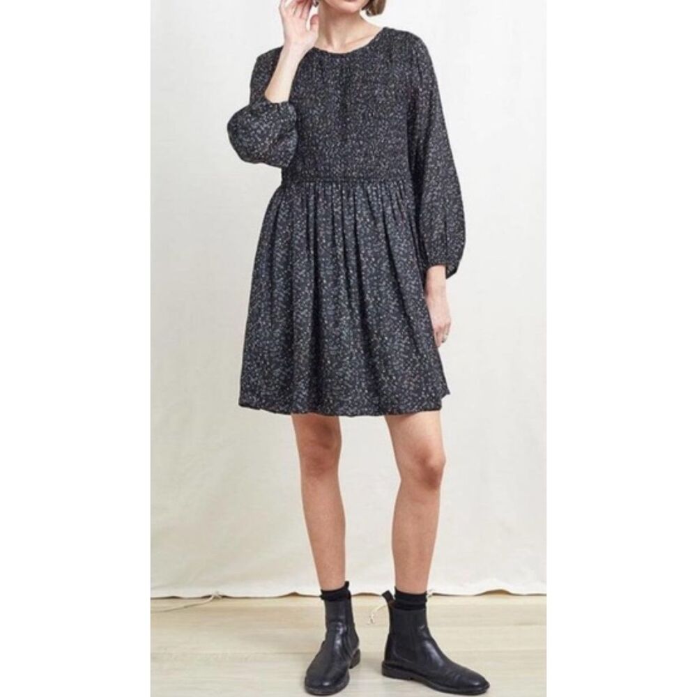 LUXE Women's Charcoal Black Voluminous Gathered Waist Balloon Sleeve Dress‎ sz M